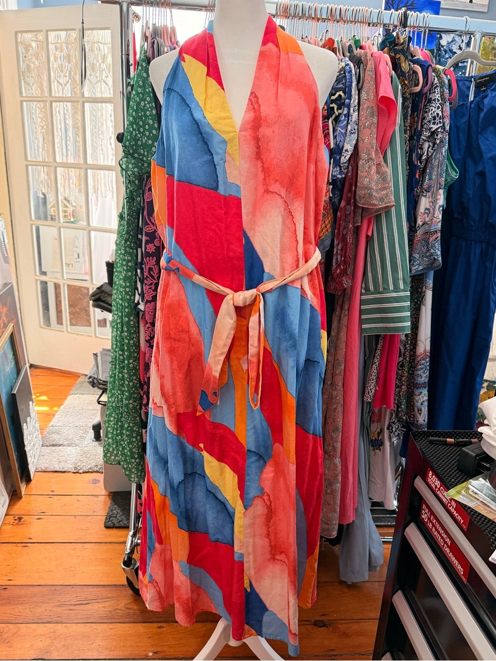 Banana Republic Vibrant Abstract Halter Linen Maxi Dress in Red, Blue, Yellow